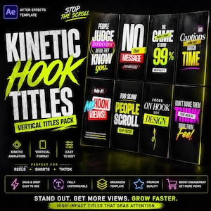 Pode incluir: Um gráfico promocional para "Kinetic Hook Titles", um pacote de títulos verticais para edição de vídeo. O design apresenta um fundo preto com texto amarelo néon e rosa, mostrando vários exemplos de títulos. O pacote é projetado para Reels, Shorts e TikTok, com recursos como arrastar e soltar e fácil personalização.