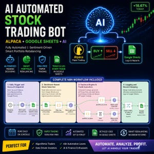 Puede incluir: Infografía para un bot de trading de acciones automatizado por IA. La imagen incluye el texto "AI Automated Stock Trading Bot" y "Alpaca + Google Sheets + AI". También incluye un diagrama de flujo de trabajo, iconos y el texto "Automate. Analyze. Profit."