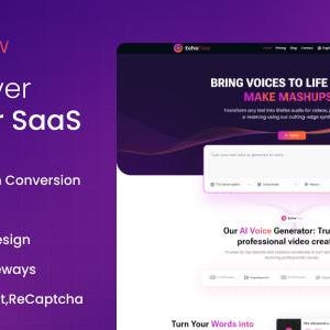 May include: A website interface for EchoFlow, an AI voiceover generator. The design features a purple and white color scheme with the text "AI Voiceover Generator SaaS." Key features include AI text-to-speech conversion and subscription plans. The website also highlights "Make Mashups."