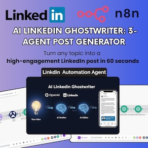 Pode incluir: Gráfico promocional para um AI LinkedIn Ghostwriter. A imagem apresenta o logotipo do LinkedIn, o logotipo n8n e o texto "AI LINKEDIN GHOSTWRITER: 3-AGENT POST GENERATOR". Ele também mostra um diagrama do processo e uma tela de telefone.