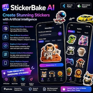 May include: StickerBake AI app interface displayed on two smartphones, showcasing features for generating custom stickers with artificial intelligence. The screens show a cat astronaut graphic, a sticker gallery, and text prompts for creating designs on iOS and Android.