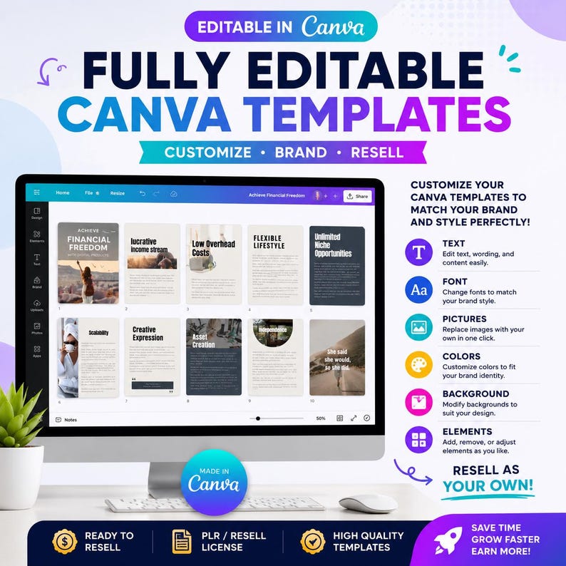 May include: A computer monitor displaying a Canva interface with ten editable templates featuring text like Financial Freedom and Low Overhead Costs. The screen shows a grid of designs, while the right side lists customization features for text, fonts, images, colors, backgrounds, and elements.