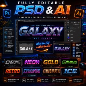 May include: A digital graphic design advertisement featuring the text "FULLY EDITABLE PSD & AI". The image showcases various text effects, including "GALAXY", "CHROME", "NEON", and "GOLD". The design highlights features like easy editing, multiple formats, and high resolution.