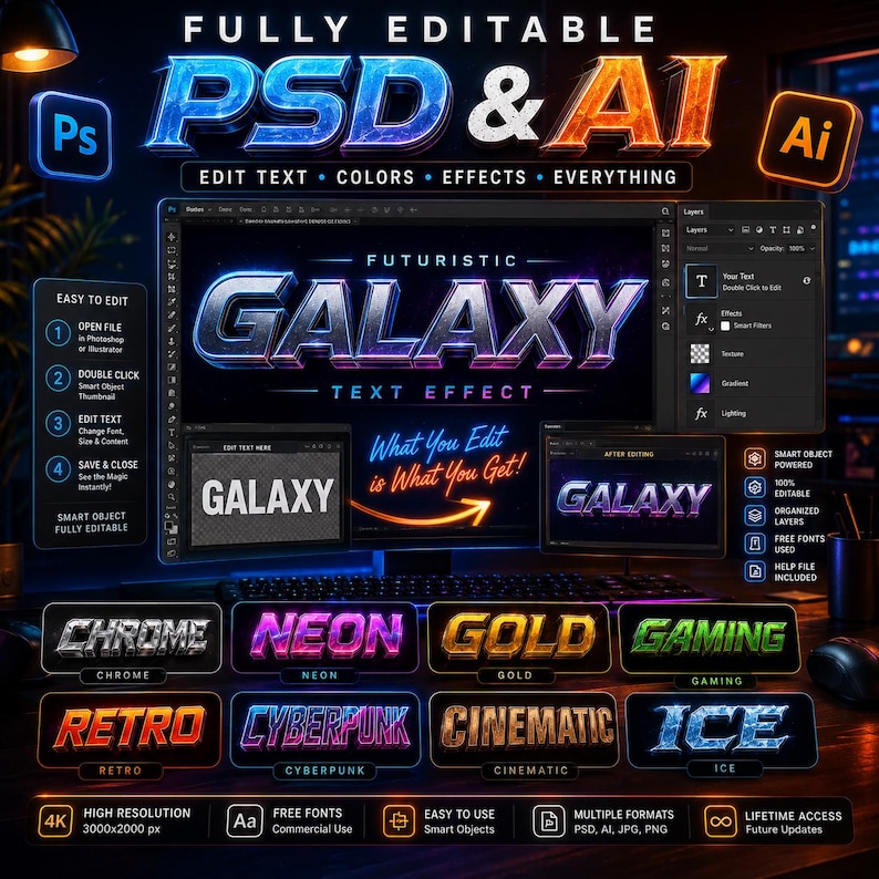 May include: A digital graphic design advertisement featuring the text "FULLY EDITABLE PSD & AI". The image showcases various text effects, including "GALAXY", "CHROME", "NEON", and "GOLD". The design highlights features like easy editing, multiple formats, and high resolution.