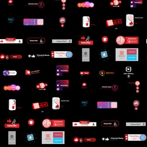 K&ouml;nnte beinhalten: Eine Sammlung digitaler Interface-Elemente f&uuml;r Videokan&auml;le mit roten, wei&szlig;en und schwarzen Schaltfl&auml;chen, die Symbole zum Abonnieren, Liken und f&uuml;r Benachrichtigungen enthalten. Die Grafiken zeigen Textplatzhalter wie Channel Name.