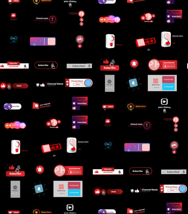K&ouml;nnte beinhalten: Eine Sammlung digitaler Interface-Elemente f&uuml;r Videokan&auml;le mit roten, wei&szlig;en und schwarzen Schaltfl&auml;chen, die Symbole zum Abonnieren, Liken und f&uuml;r Benachrichtigungen enthalten. Die Grafiken zeigen Textplatzhalter wie Channel Name.