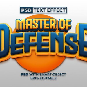 May include: A graphic design featuring the text "MASTER OF DEFENSE" in a bold, 3D blue font with a yellow outline. The text is layered over a large orange circle, with two smaller orange spheres at the bottom corners and text labels at the top and bottom.