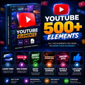 Puede incluir: Una caja de producto digital etiquetada como YOUTUBE ELEMENTS PACK con un icono de botón de reproducción de YouTube rojo. El gráfico muestra el texto YOUTUBE 500+ ELEMENTS y presenta varios activos de edición de video, incluyendo tercios inferiores.