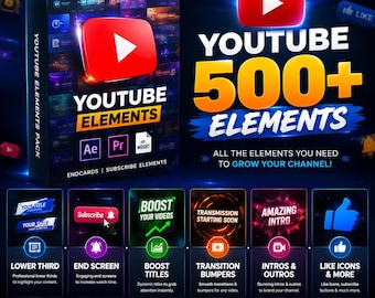 500 YouTube Elements Bundle | After Effects & Premiere Pro Motion Graphics | Animated Overlays, Fire, Neon, HUD and Video Assets