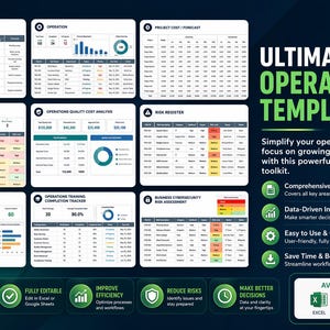 May include: A digital graphic showcasing an "Ultimate Operations Template" with various charts and graphs. The template includes sections for impact assessment, project costs, and risk registers. The design is in shades of blue and green, with the text "Ultimate Operations Template".