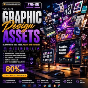 May include: A promotional image for graphic design assets. The image features two computer monitors displaying design software interfaces. Floating above are various design elements, including PSD files, icons, and templates. Text includes "Ultimate Graphic Design Assets" and "80% Off".