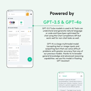 Może przedstawiać: Grafika cyfrowa promująca AI Notes, osobistego chatbota AI. Obraz przedstawia interfejs aplikacji, podkreślając możliwości GPT-3.5 i GPT-4o oraz pływającego asystenta GPT. Interfejs aplikacji jest wyświetlany na smartfonie.