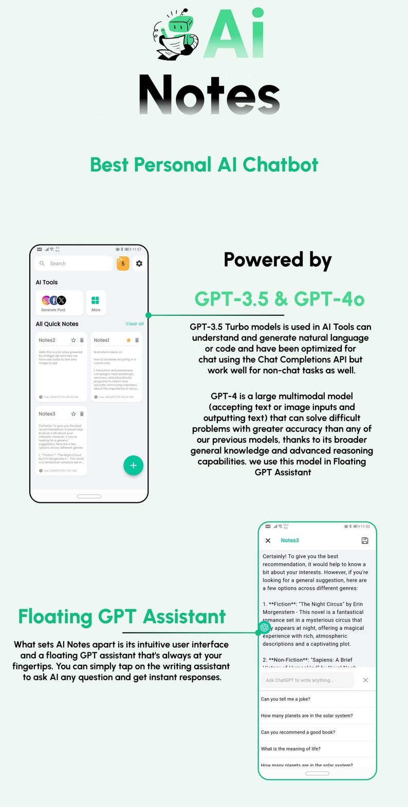 Może przedstawiać: Grafika cyfrowa promująca AI Notes, osobistego chatbota AI. Obraz przedstawia interfejs aplikacji, podkreślając możliwości GPT-3.5 i GPT-4o oraz pływającego asystenta GPT. Interfejs aplikacji jest wyświetlany na smartfonie.