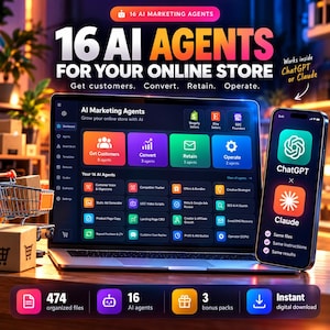 Może przedstawiać: Laptop i smartfon wyświetlają pulpit nawigacyjny marketingu AI z tekstem 16 AI AGENTS FOR YOUR ONLINE STORE. Ekran pokazuje różne ikony i kategorie operacji biznesowych, podczas gdy telefon wyświetla logotypy ChatGPT i Claude.