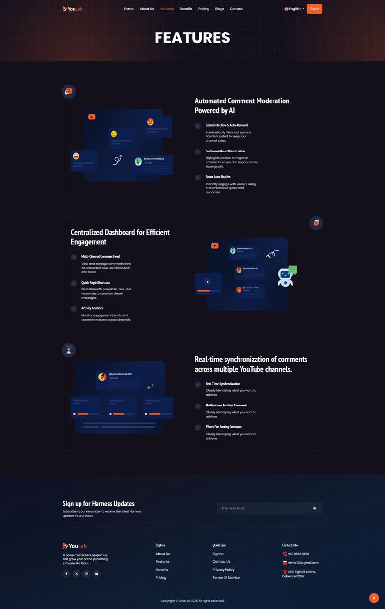 May include: A dark blue website page with the word "FEATURES" in white at the top. The page highlights features like automated comment moderation, a centralized dashboard, and real-time comment synchronization across YouTube channels.