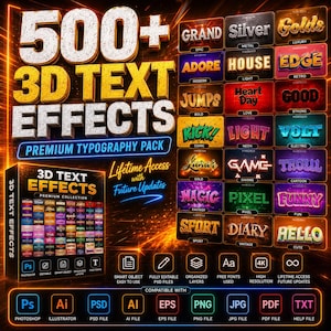 May include: A promotional graphic showcasing 500+ 3D text effects. The design includes text styles such as "Grand," "Adore," and "Kick!" The package offers lifetime access and is compatible with Photoshop and Illustrator.