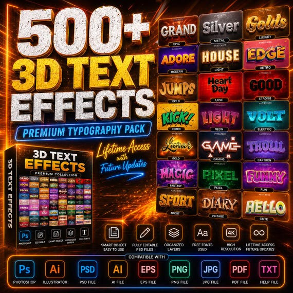 500+ 3D Editable Text Effects Bundle | Photoshop & Illustrator Text Styles | PSD AI EPS Typography Pack