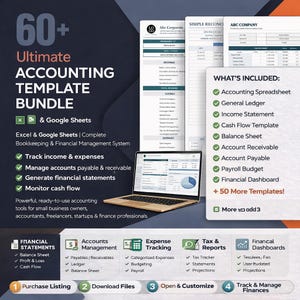 60+ Buchhaltungs-Excel-Vorlagenpaket | Buchhaltungs-Arbeitsblatt | Profit Verlust Cash Flow Balance Sheet, Small BusinessFinance Pack