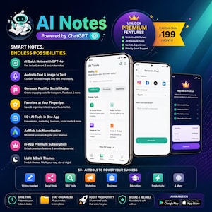 Può includere: Tre smartphone mostrano l'interfaccia dell'app AI Notes su uno sfondo blu scuro. Gli schermi presentano funzionalità come note rapide IA, conversione da audio a testo e la generazione di post per i social media con vari strumenti.