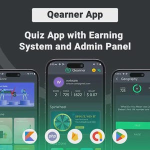 Könnte beinhalten: Werbebild für die Qearner App, eine Quiz-App mit einem Verdienstsystem und Admin-Panel. Das Bild zeigt drei Smartphones, die verschiedene App-Funktionen wie eine Battle Zone, ein Glücksrad und ein Geografie-Quiz anzeigen. Die App-Oberfläche wird vor einem dunklen Hintergrund dargestellt.