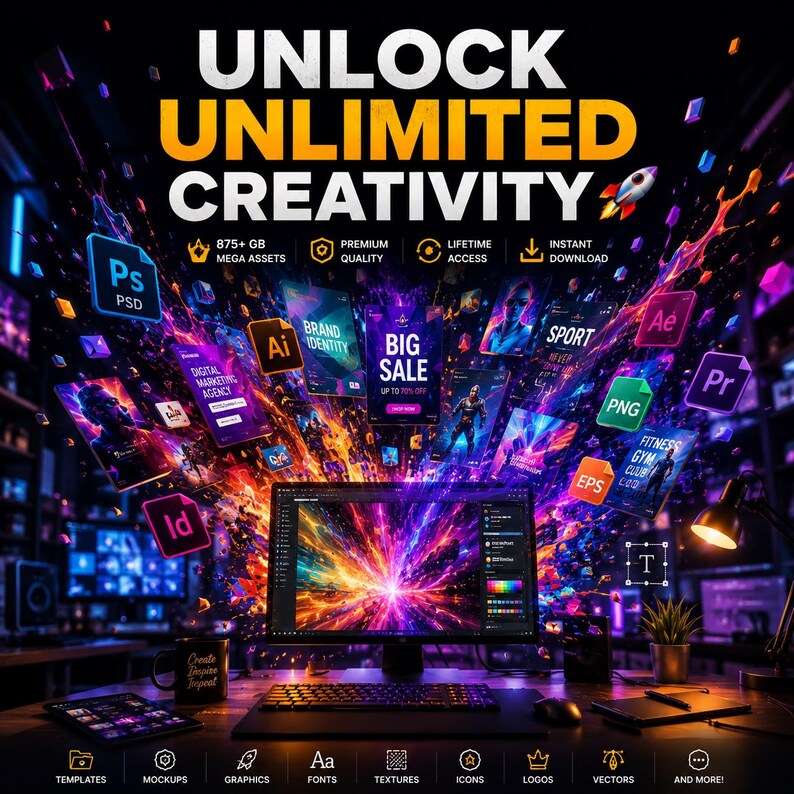May include: A computer monitor displays a colorful graphic design, surrounded by icons and text that read "UNLOCK UNLIMITED CREATIVITY." The image includes icons for design software, templates, and graphics, with the text "875+ GB MEGA ASSETS."