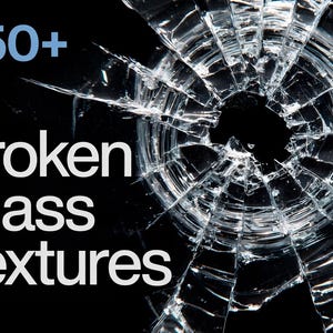 May include: A close-up of shattered glass against a black background. The image features a central point of impact with radiating cracks. Text in the upper left corner reads "250+", and below it, "Broken Glass Textures".