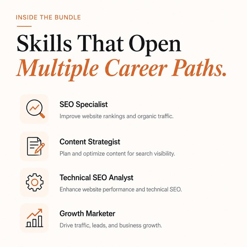 May include: An infographic titled INSIDE THE BUNDLE Skills That Open Multiple Career Paths. It lists four roles: SEO Specialist, Content Strategist, Technical SEO Analyst, and Growth Marketer, each with a corresponding icon and brief description.
