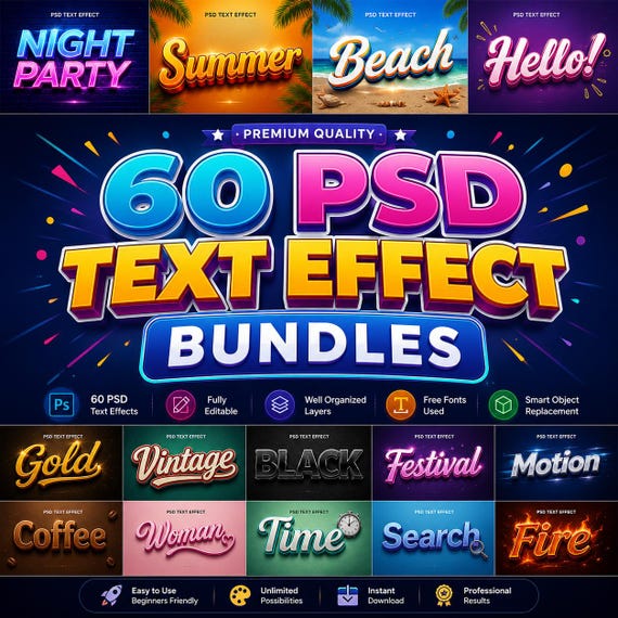 3D Editable Text Effect PSD Bundle | Photoshop Text Effects | Smart Object PSD Templates | 3D Typography & Logo Styles