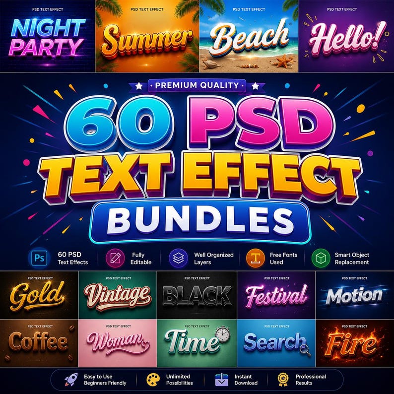 May include: A digital graphic display showcasing 60 PSD text effect bundles with bold, colorful typography. The central text reads 60 PSD TEXT EFFECT BUNDLES, surrounded by smaller sample text effects like Night Party, Summer, Beach, Hello, Gold, and Fire.