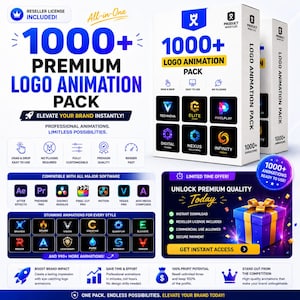 Paquete de más de 1000 animaciones de logotipos / Plantillas de logotipos animados para After Effects, Premiere Pro y DaVinci Resolve.
