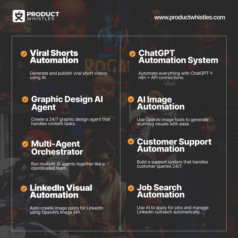 Pode incluir: Infogr&aacute;fico com fundo escuro listando servi&ccedil;os de automa&ccedil;&atilde;o de IA. Servi&ccedil;os incluem Viral Shorts Automation, Graphic Design AI Agent e LinkedIn Visual Automation. O logotipo Product Whistles est&aacute; no canto superior esquerdo.