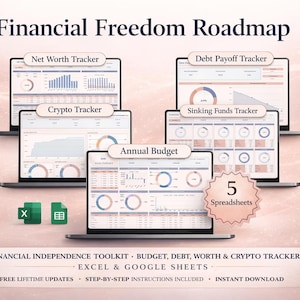 Kalkylblad för färdplan för ekonomisk frihet | Verktyg för ekonomiskt oberoende | Budget, skuld, nettoförmögenhet och kryptospårning | Excel, Google Sheets