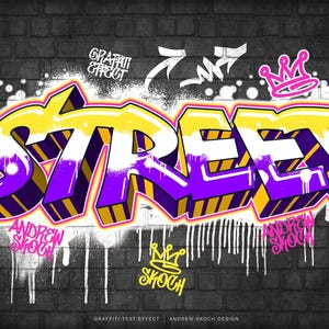 May include: A digital graffiti art piece featuring the word STREET in bold, stylized letters with a yellow, white, and purple gradient. The design includes a pink crown, white arrows, and the text Andrew Skoch and Design King on a dark brick wall.