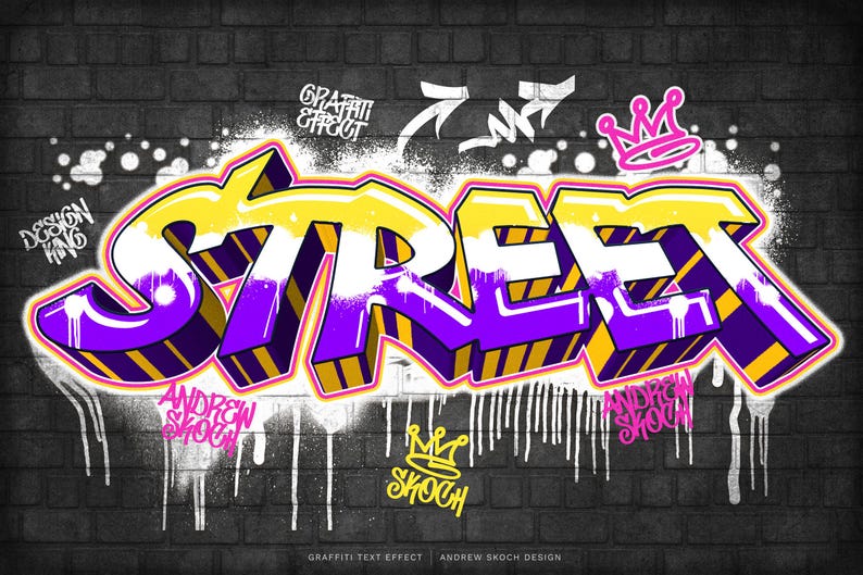 May include: A digital graffiti art piece featuring the word STREET in bold, stylized letters with a yellow, white, and purple gradient. The design includes a pink crown, white arrows, and the text Andrew Skoch and Design King on a dark brick wall.
