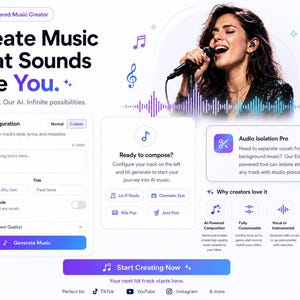 Puede incluir: Interfaz de sitio web que promociona un creador de m&uacute;sica con IA. El dise&ntilde;o presenta a una mujer cantando en un micr&oacute;fono, notas musicales y el texto "Create Music That Sounds Like You." La interfaz incluye opciones de configuraci&oacute;n de canciones y aislamiento de audio.