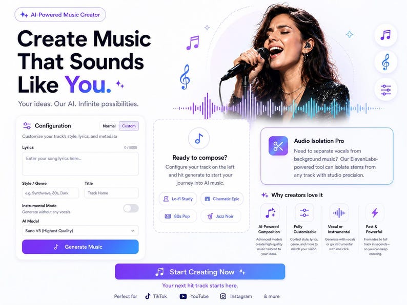 Puede incluir: Interfaz de sitio web que promociona un creador de m&uacute;sica con IA. El dise&ntilde;o presenta a una mujer cantando en un micr&oacute;fono, notas musicales y el texto "Create Music That Sounds Like You." La interfaz incluye opciones de configuraci&oacute;n de canciones y aislamiento de audio.