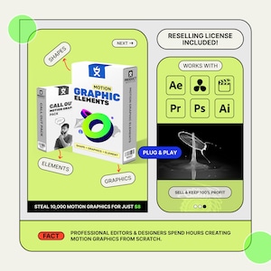 Puede incluir: Un anuncio de elementos gráficos en movimiento, con dos cajas de productos con el texto "Motion Graphic Elements" y "Call Out Pack". El diseño incluye las palabras "Shapes", "Elements" y "Graphics". También destaca la compatibilidad con software y la frase "Plug & Play".