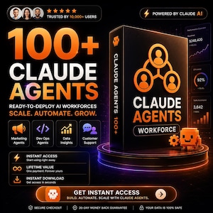May include: A black box labeled CLAUDE AGENTS 100+ WORKFORCE sits on a circular platform with a small orange pixelated character holding a gear. The text reads 100+ CLAUDE AGENTS, READY-TO-DEPLOY AI WORKFORCES, SCALE. AUTOMATE. GROW. with icons for Marketing, Dev Ops, Data, and Support.