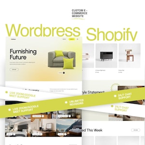 Könnte beinhalten: Eine Website-Startseite für ein Möbelgeschäft mit dem Text "Furnishing Future" und Bildern eines Sofas, eines Nachttisches und eines Stuhls. Die Website bietet Live-Chat-Support, unbegrenzte Überarbeitungen und 24/7-Chat-Support.
