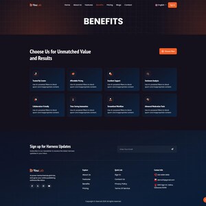 May include: A dark-themed website interface for YouLab titled BENEFITS, featuring a grid of eight feature cards with orange icons, a newsletter sign-up section, and a footer containing company navigation links and contact information.
