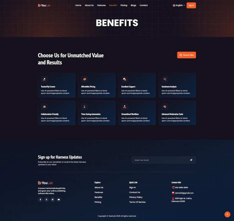 May include: A dark-themed website interface for YouLab titled BENEFITS, featuring a grid of eight feature cards with orange icons, a newsletter sign-up section, and a footer containing company navigation links and contact information.