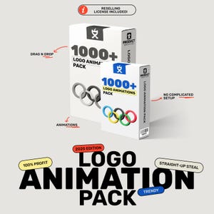 May include: Two white boxes with the text "1000+ Logo Animations Pack" and a graphic of interlocking rings. The boxes are stacked on top of each other. The text "2025 Edition" is in a red box below the boxes. The text "Logo Animation Pack" is in large black letters below the boxes. The text "100% Profit", "Drag N Drop", "No Complicated Setup", "Straight-Up Steal", "Trendy", and "Animations" are in red boxes around the boxes.
