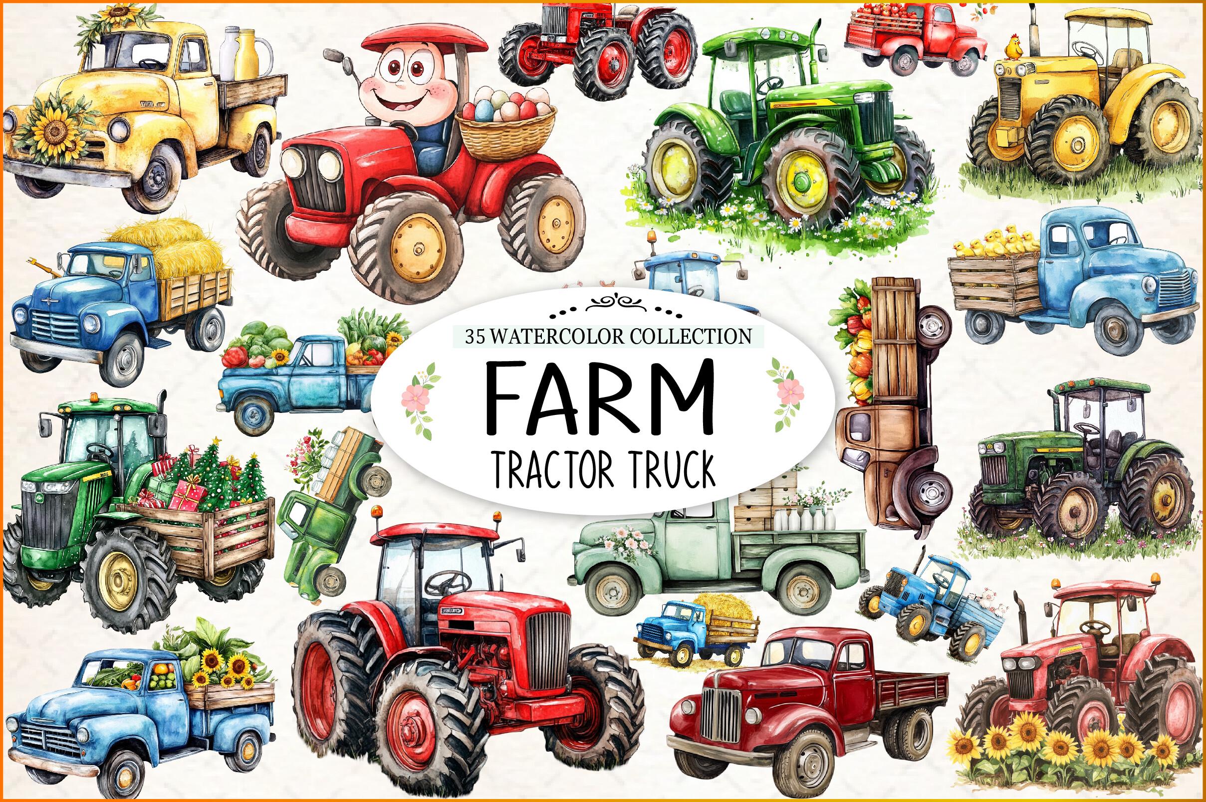 Farm Tractor Watercolor Clipart PNG | Cute Farm Truck | Nursery & Baby ...