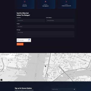 May include: A website contact page with a dark blue and orange gradient design. The page includes contact information, a contact form, a map, and a section to sign up for updates. The text "CONTACT US" is prominently displayed.