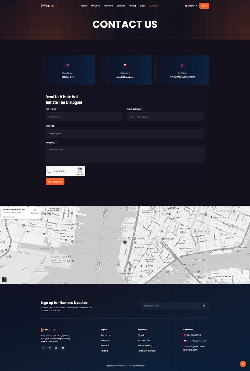 May include: A website contact page with a dark blue and orange gradient design. The page includes contact information, a contact form, a map, and a section to sign up for updates. The text "CONTACT US" is prominently displayed.