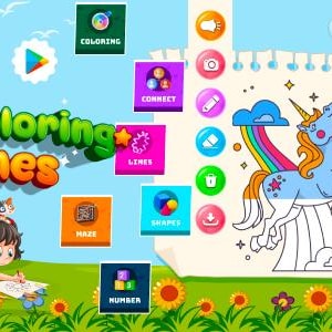 Könnte beinhalten: Bunte Illustration für ein Malspiel für Kinder. Das Bild zeigt ein Mädchen beim Zeichnen, Symbole für verschiedene Spielmodi und ein Einhorn, das mit einer Regenbogenmähne ausgemalt wird. Der Text "Kids Coloring Games" ist prominent dargestellt.