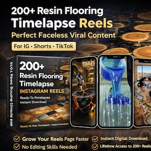 Puede incluir: Un anuncio de "200+ Resin Flooring Timelapse Reels" para Instagram, Shorts y TikTok. La imagen presenta una caja de producto, tres teléfonos inteligentes que muestran timelapses de pisos de resina y texto que dice "Grow Your Reels Page Faster" y "No Editing Skills Needed."