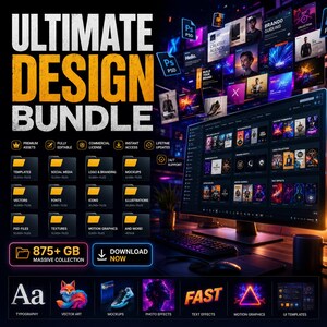 May include: An advertisement for a design bundle, featuring a computer screen displaying various design elements. The text "ULTIMATE DESIGN BUNDLE" is prominently displayed. The image includes icons for templates, social media, logos, mockups, vectors, fonts, icons, illustrations, PSD files, textures, and motion graphics.