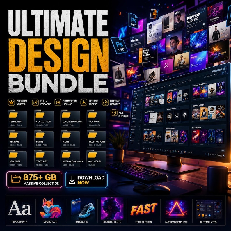 May include: An advertisement for a design bundle, featuring a computer screen displaying various design elements. The text "ULTIMATE DESIGN BUNDLE" is prominently displayed. The image includes icons for templates, social media, logos, mockups, vectors, fonts, icons, illustrations, PSD files, textures, and motion graphics.