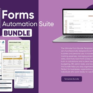 May include: A purple graphic with the text "20+ Forms Automation Suite BUNDLE". The image includes a laptop displaying a form, and several forms. The text "Template Bundle" is also visible.
